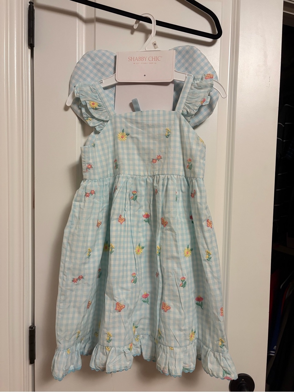 NWT Shabby Chic Light Blue Gingham Dress with Floral Embroidery